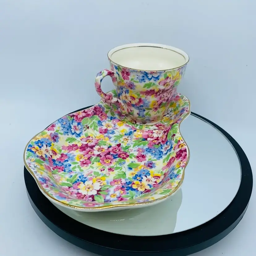 #3712 James Kent "Apple Blossom" chintz tea Cup And Sandwich Tray set.