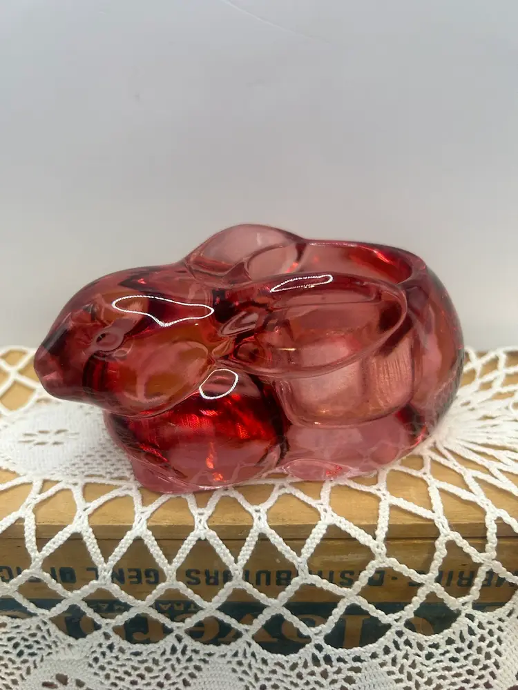 Indiana Glass, Cranberry Bunny, Votive 4 3/4x 2 1/2
