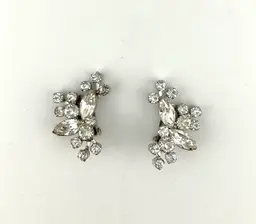 Vintage Silver Tone Rhinestone Clip-on Earrings 1.5”x 1”