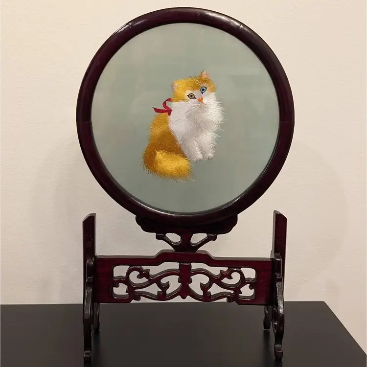 Vintage Chinese Silk Embroidered Cat Two Sided Glass Frame On Stand with Box