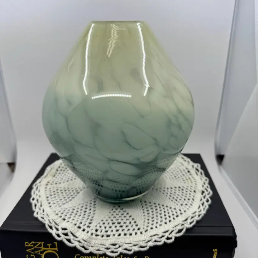 Hand Blown Vase Art Glass Green & White Confetti-#2