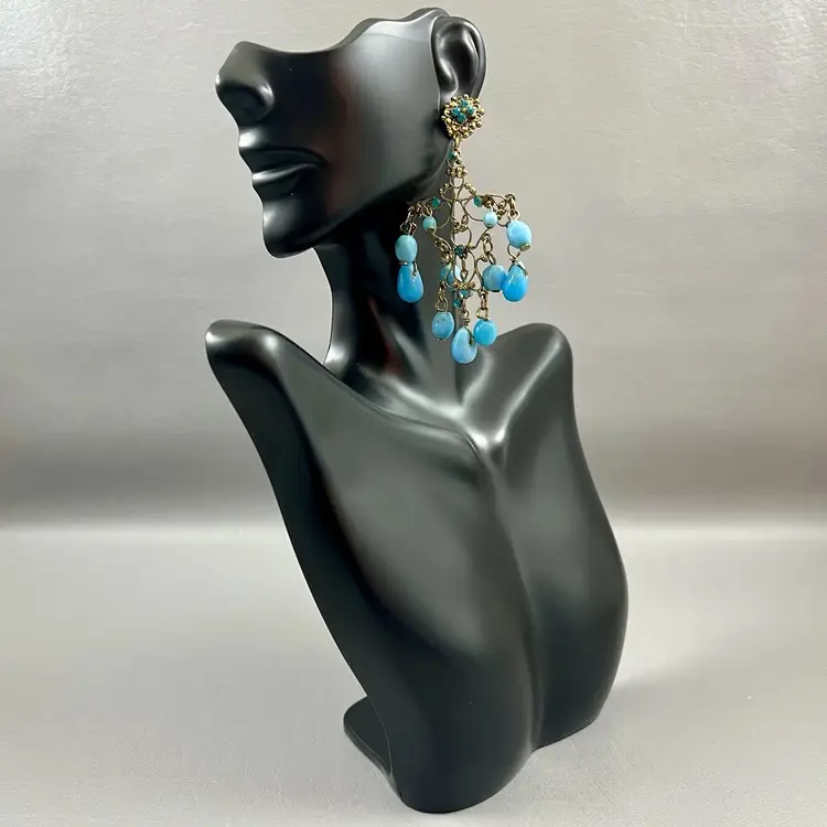 Statement Earrings Gold Tone Faux Turquoise Blue Drop Dangle Chandelier