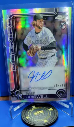 Jeff Criswell 2025 Topps Chrome Refractor RC On Card Auto /499 #RA-JCR Colorado Rockies
