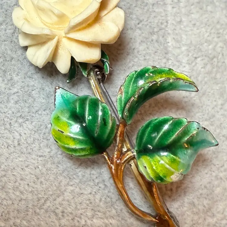 German Carved Celluloid Painted Enamel Sterling Silver Brooch