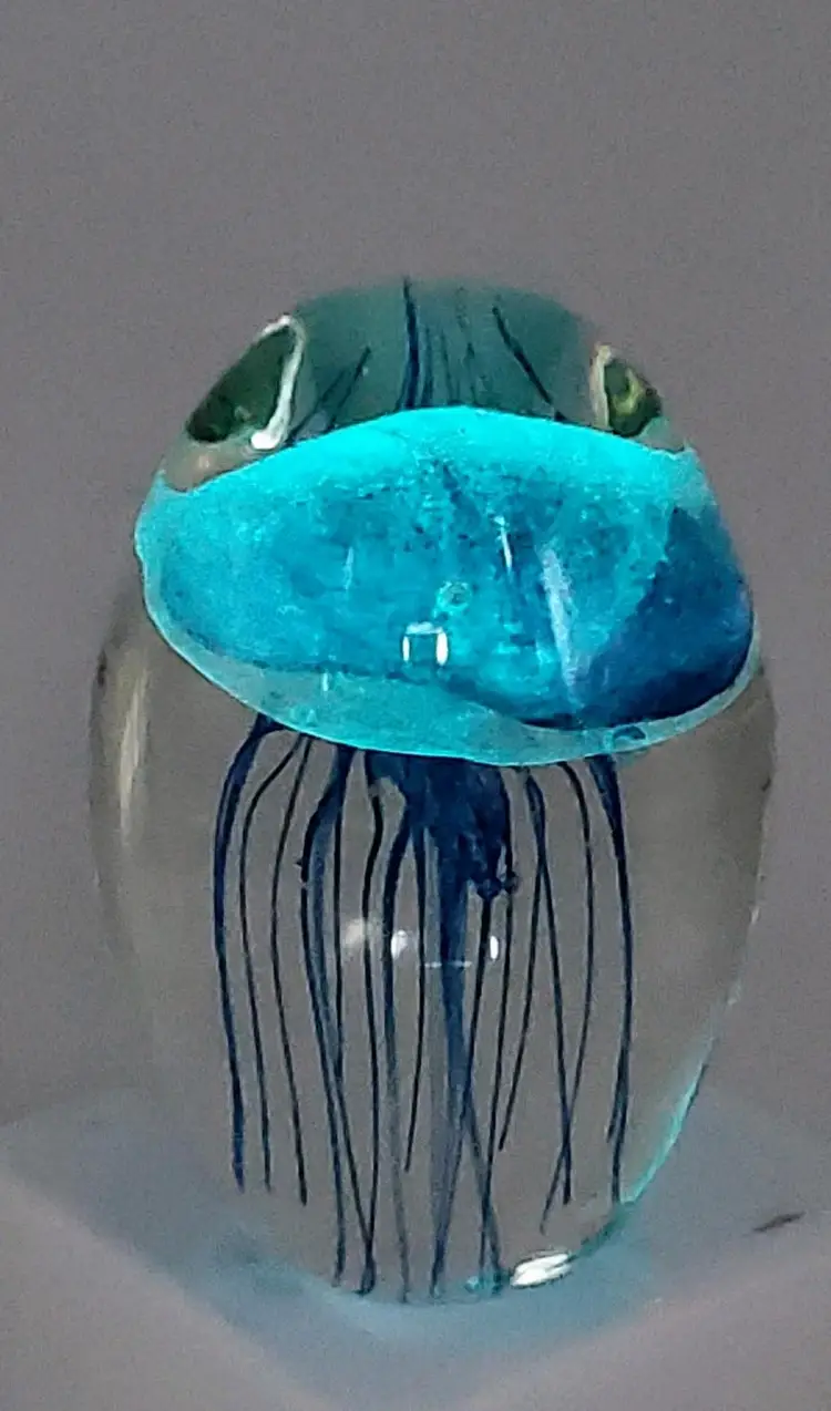 Cobalt Blue Glow In The Dark Jellyfish Art Glass Paperweight 4"