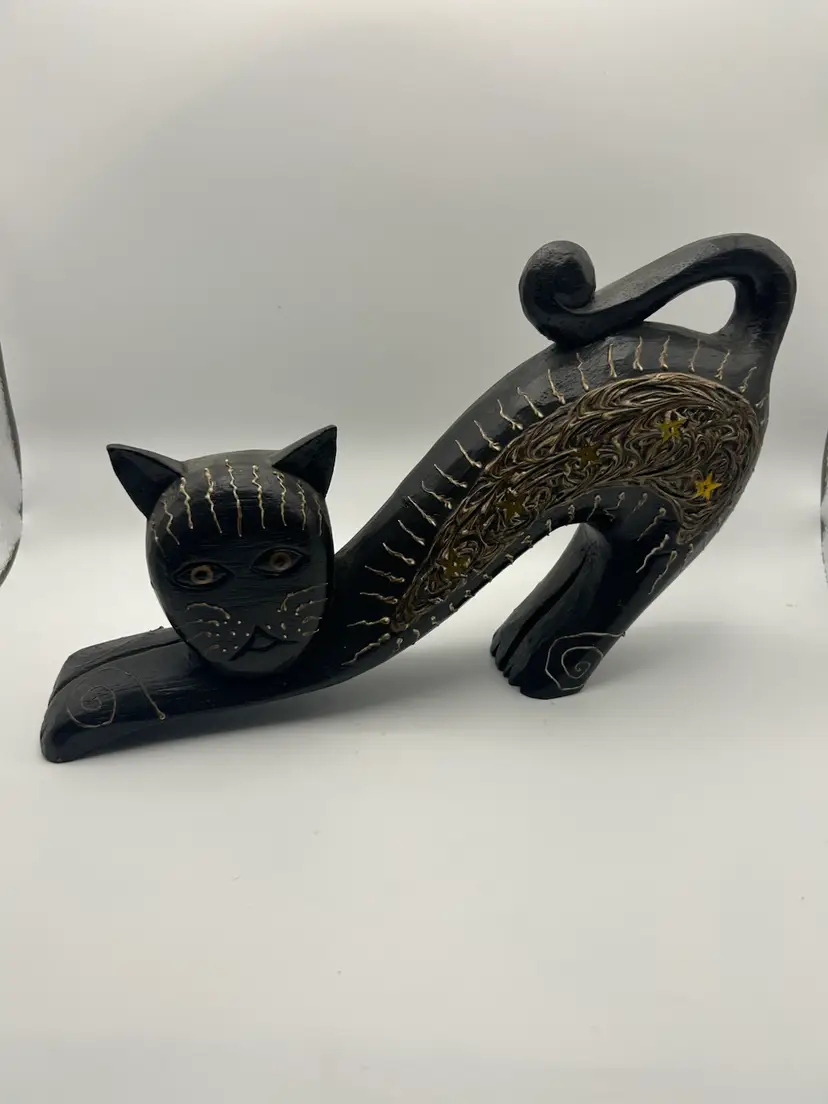 Hand Carved And Hand Painted Cat - VTG