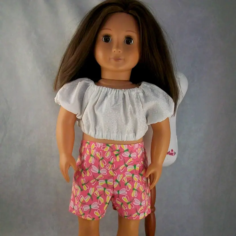 Handmade 18" Doll Pink Yellow Dragonfly Shorts White Peasant Crop Top Set