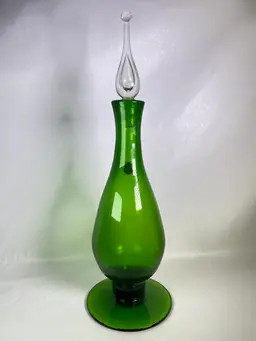 MCM Vintage Emerald Green Glass Decanter With Stopper Hand Blown