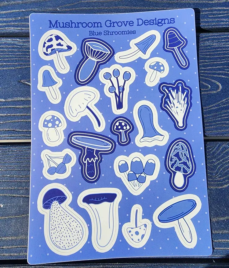 Blue Shroomies 5x7" Vinyl Sticker Sheet Mushrooms - Made by Me