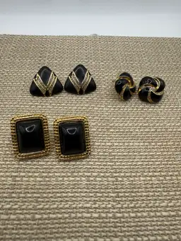 Set Of 3 Pierced Earrings Gold Tone And Black