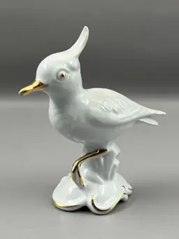 Vintage E&R Golden Crown Porcelain Bird Figurine White Gold 4.5" Germany Mid Century