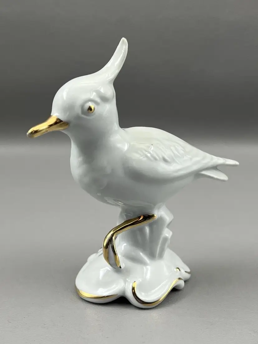 Vintage E&R Golden Crown Porcelain Bird Figurine White Gold 4.5" Germany Mid Century