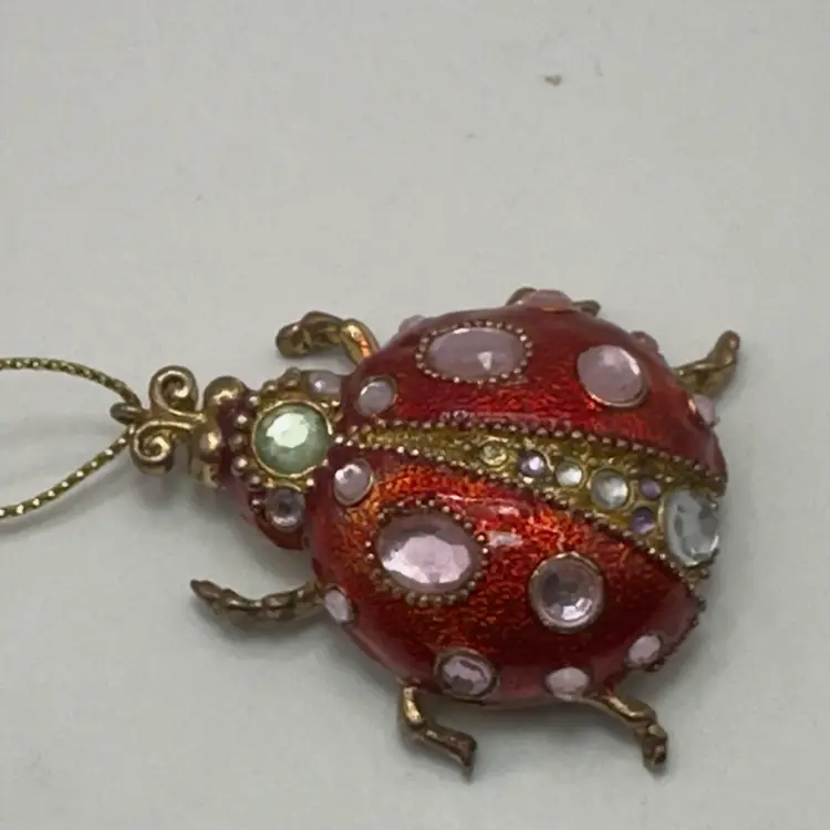 #12 Pink Rhinestone Red Enamel Lady Bug Ornament 2”