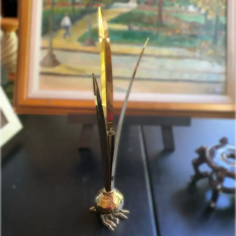 Vintage Italian Brass Carnevale Verdigris Onion Bud Vase & Candle Holder 13"
