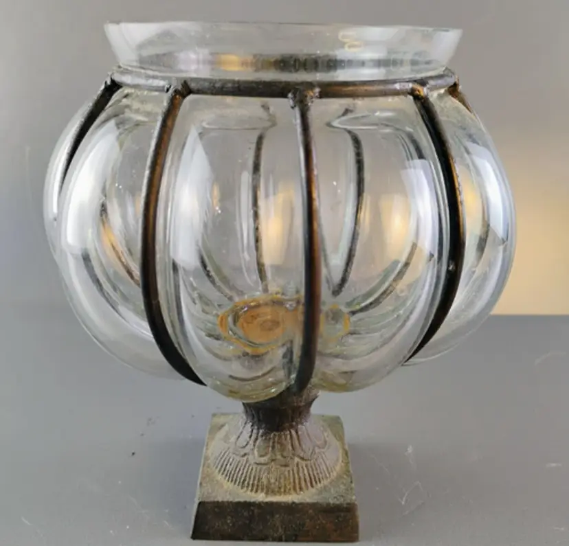 Caged Glass Pumpkin Pedestal Bowl Candle Holder 6.5" Vintage Estate Iron