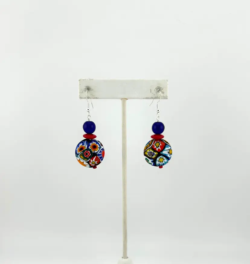 Upcycled Millefiori Glass Beaded Pierced Earrings 2.25”