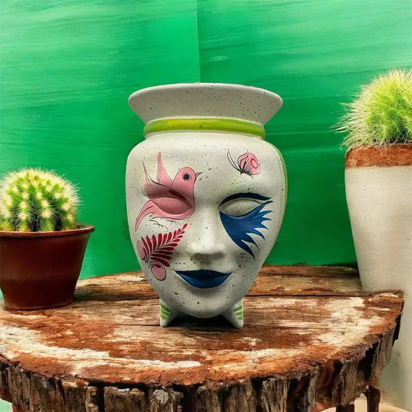 Mexican Folk Art Face Vase Signed EDW Green & Blue 5βx7 1/2β