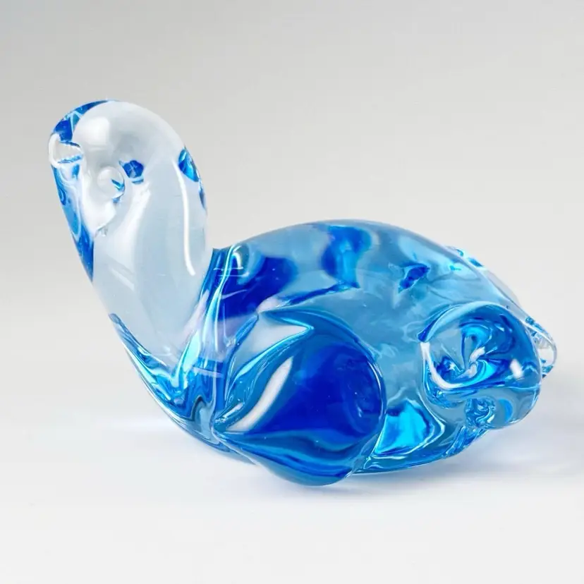 Hand-Blown Art Glass Baby Sea Turtle Figurine, Small Blue Vintage Paperweight