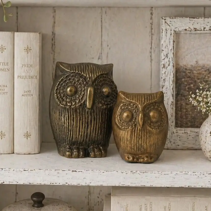 Pair Vintage Brass Owl Bird Figurines