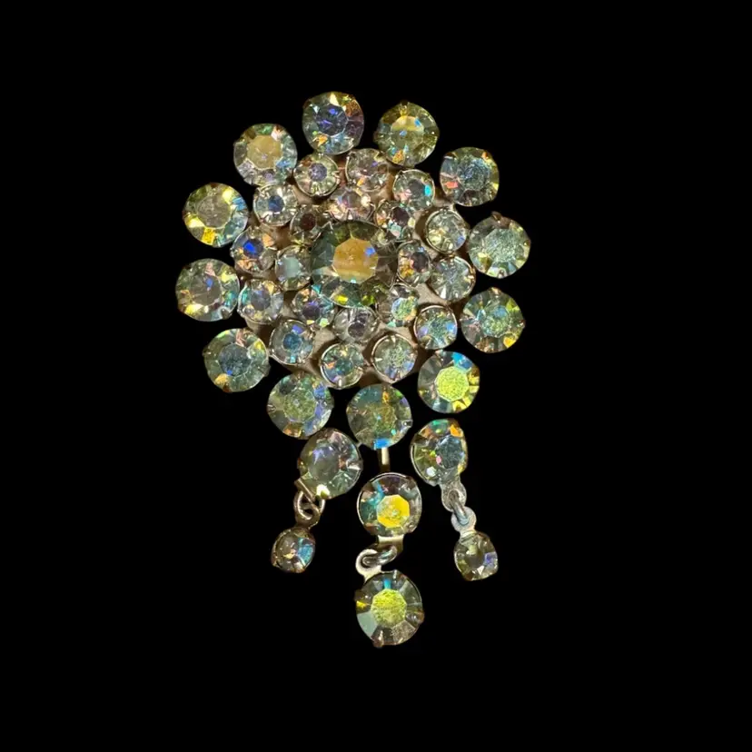 Large Vintage Aurora Borealis Rhinestone Triple Teardrop Brooch - 2.75” Long - So Sparkly!