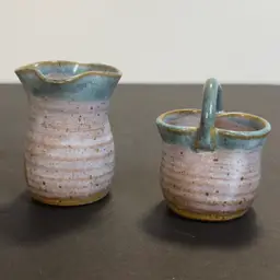 #1116 Art Pottery by Susan, Miniatures Vase And Basket, White Drip Glaze, Pinched Pottery