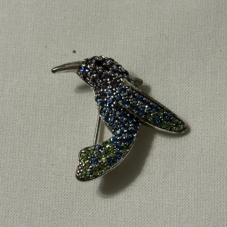 Vintage Silver Tone Monet Hummingbird With Blue And Green Rhinestone Accent Brooch