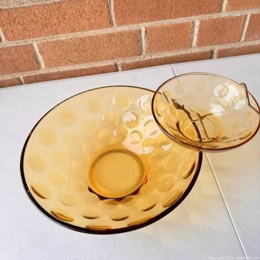 Vintage Anchor Hocking Gold Thumbprint Bubble Glass Chip and Dip Set MCM