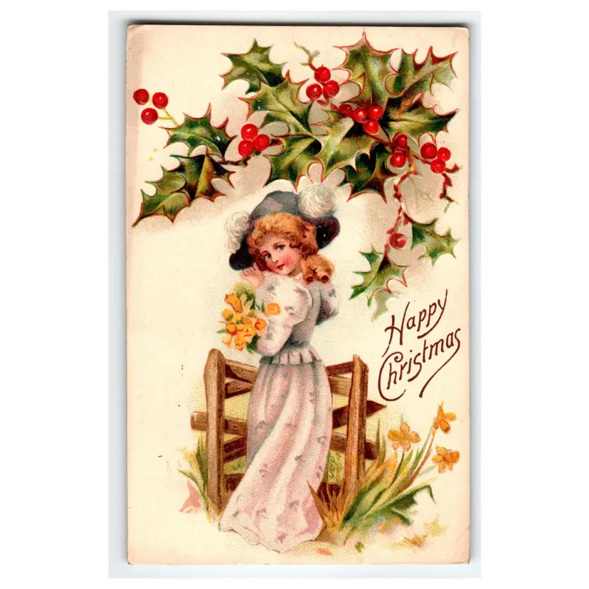 Christmas Postcard Sweet Girl Holds Flowers Holly Leaves 1910 Germany Embossed