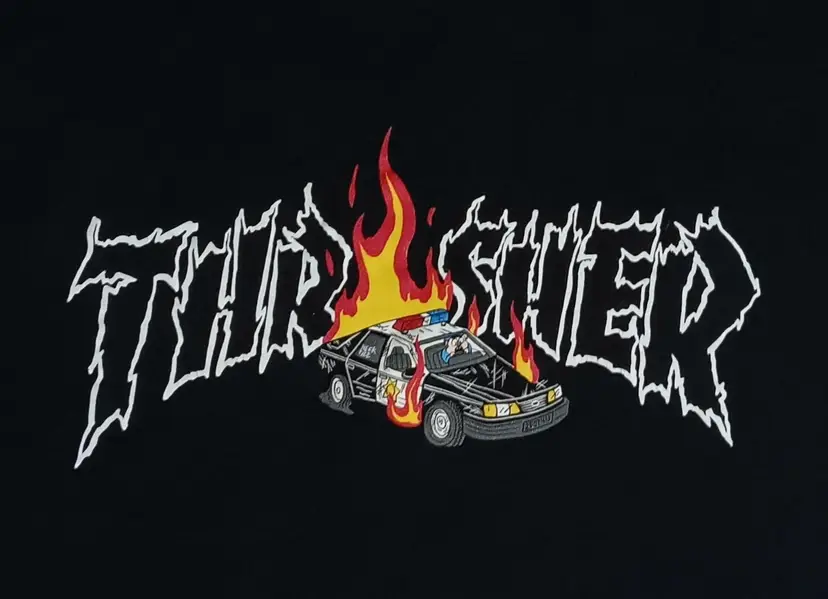 Thrasher Magazine Neck Face Artist t shirt NEW Burning Police Car Skateboard