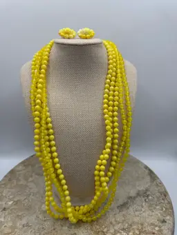 Vintage Five Strand Canary Yellow Round Beaded Necklace With Matching Clip On Earrings