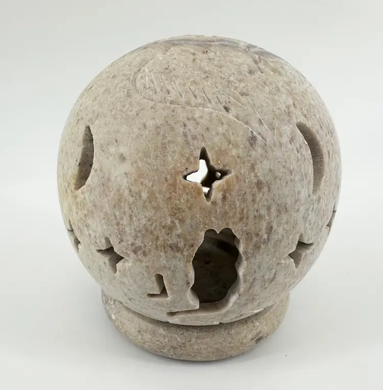 Cat Moon Star Leaves Cut Out Carved Soapstone Tea Light Candle Holder 4.5"