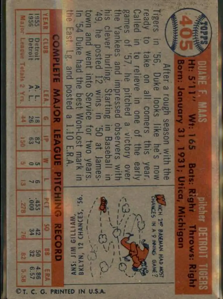 1957 Topps #405 Duke Maas - ( pk1 ) - Detroit Tigers