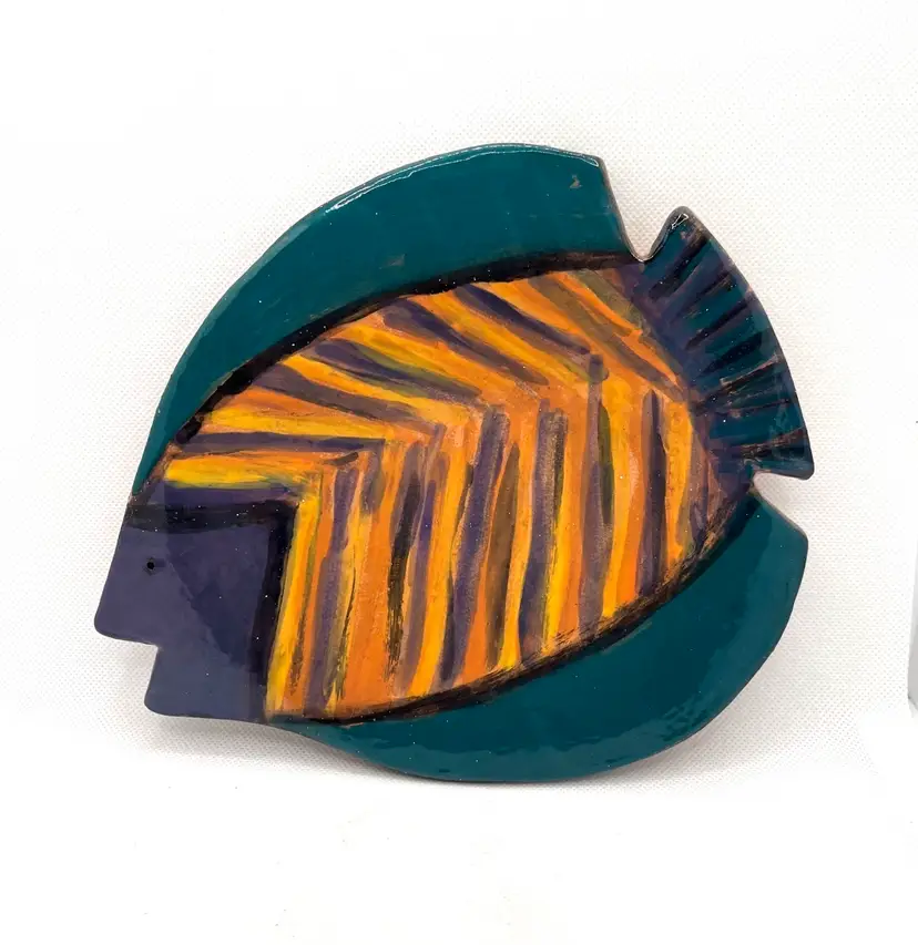 Studio Pottery Hand Painted Signed Colorful Fish Trinket Soap Dish Spoon Rest