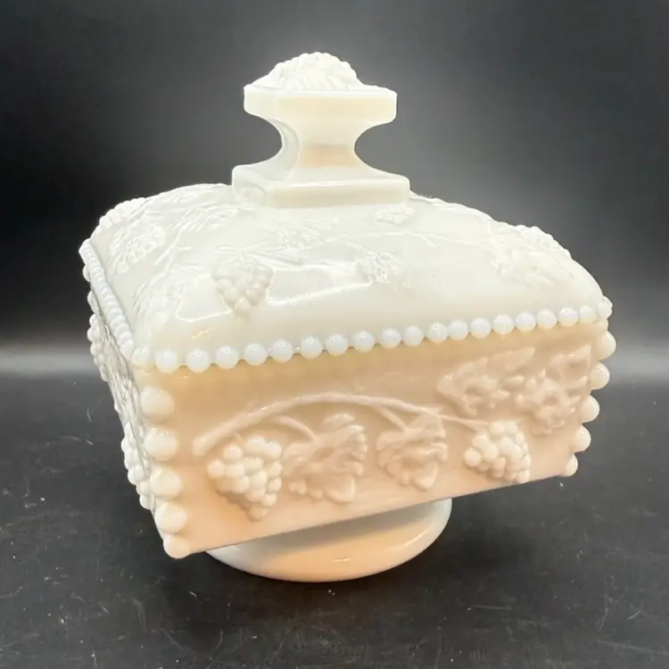 Westmoreland Paneled Grape Milk Glass Covered Candy Dish With Beaded Edge