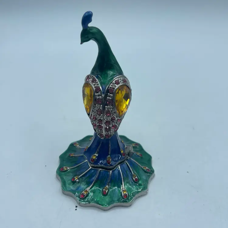 Trinket Box Enameled And Jeweled Peacock 4”