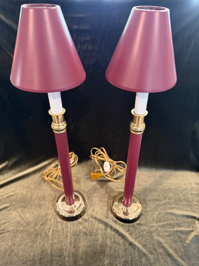 Vintage Pair of Burgandy Metal Buffet Lamps With Metal Shades