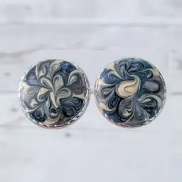 Vintage Clip On Earrings Statement Cream & Blue Swirls Large 1 & 1/8"