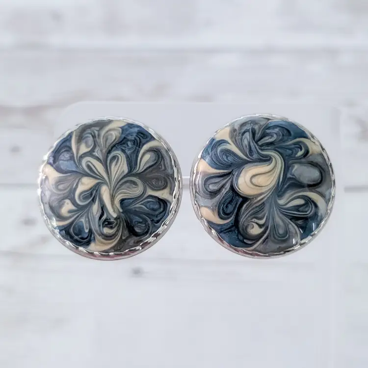 Vintage Clip On Earrings Statement Cream & Blue Swirls Large 1 & 1/8"