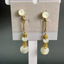 Vintage Mid-Century Moonstone Dangle Earrings Clip On, 2” Long  Lens Identifies As Lewis Segal