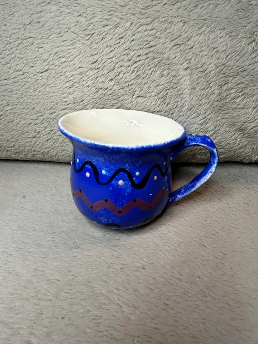 Handmade Hand Painted Small Blue Ceramic Mug Signed