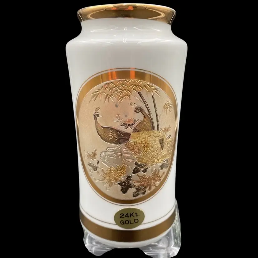 Vintage: The Art of Chokin, White Pillar Two Peacocks Vase, 24KT Gold, Japan