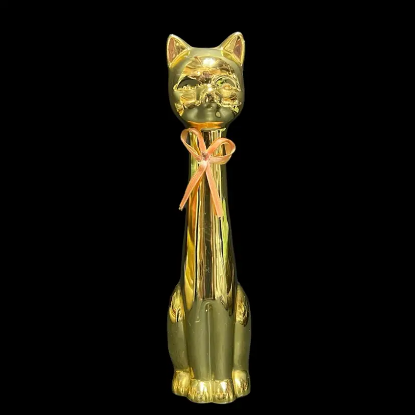 MARKDOWN! Long Neck Tall Gold Painted Cat Kitty Figurine Bow Accent ~9.5” x 2.25” x 2.5”