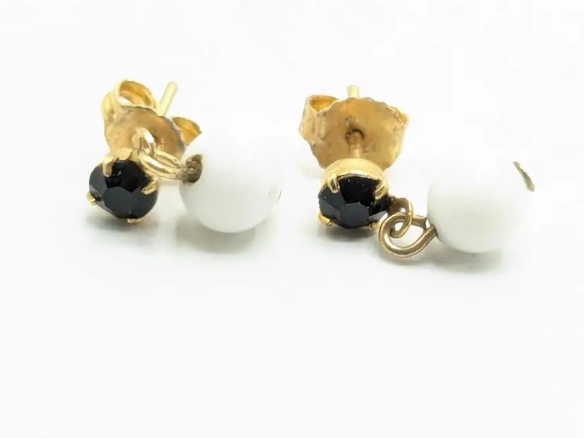 Vintage Black and White Dangle Stud Earrings Gold Tone