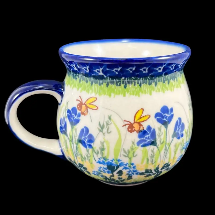 Hand Made Polish Pottery Bee Mug, Ceramic Honey Bee Mug Hand Made In Poland, Ceramika Boleslawiecka Mug, Insect Mug, Garden Mug, Honey Bee And Flowers Mug