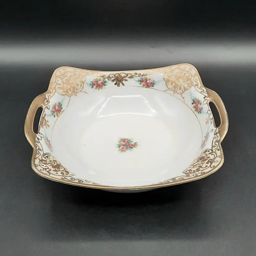 Nippon Handpainted Floral Gold Trim Square Handled Bowl