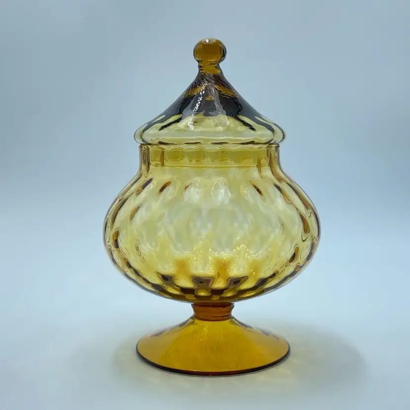 Empoli Diamond Optic Amber Glass Apothecary Jar Compote w/Circus Tent Lid MCM