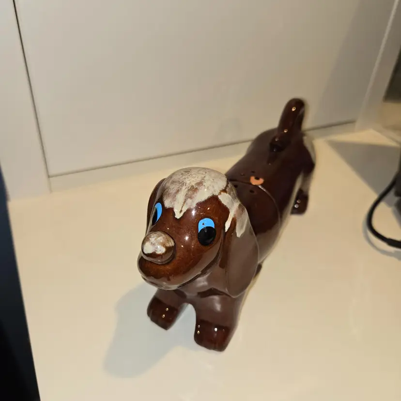 Vintage Brown Dachshund Salt & Pepper Redware pottery Japan