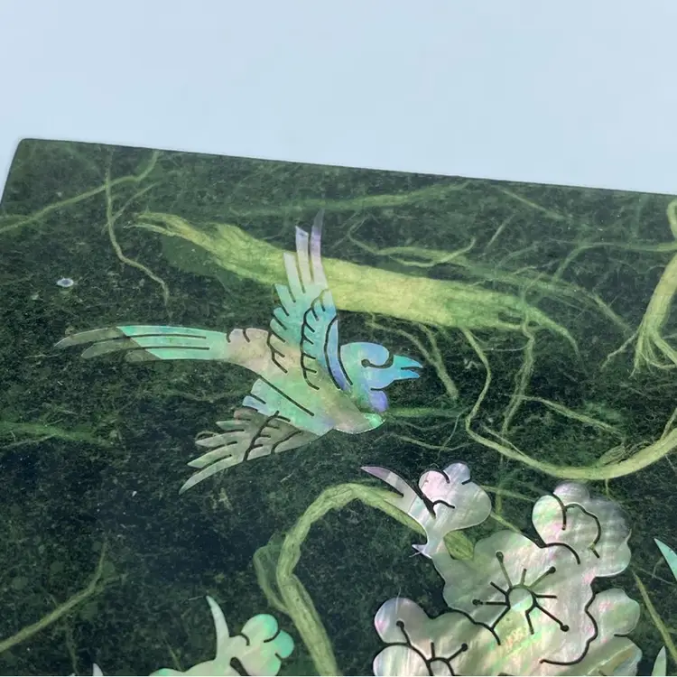 Korean Mother Of Pearl Lidded Lacquerware Box Marbles Top With Bird