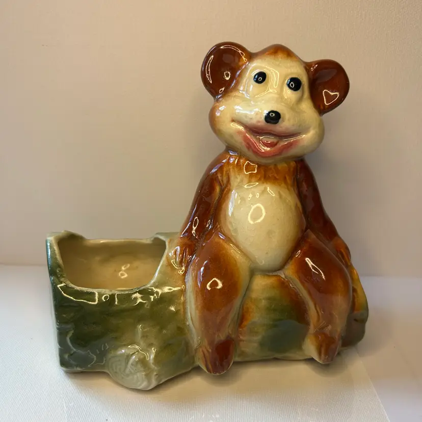 Vintage American Shawnee Bisque Pottery HAPPY BEAR on a Log Planter