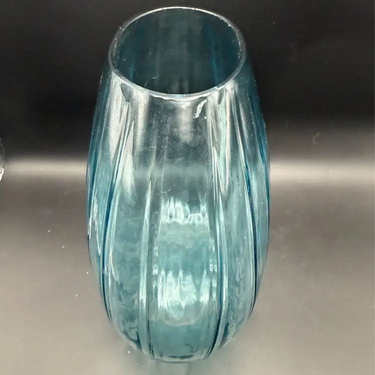 Vintage MCM Hand-Blown Aqua Ribbed Glass Vase
